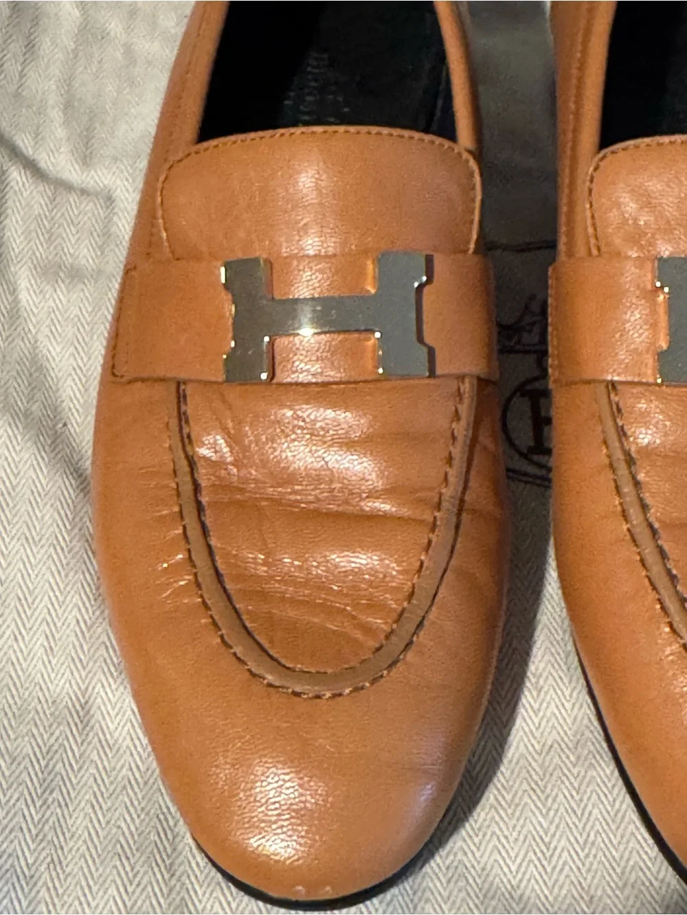 Authentic Hermes Paris Loafers Gold Tan Leather H Buckle Flats Size EU 36.5 US 6